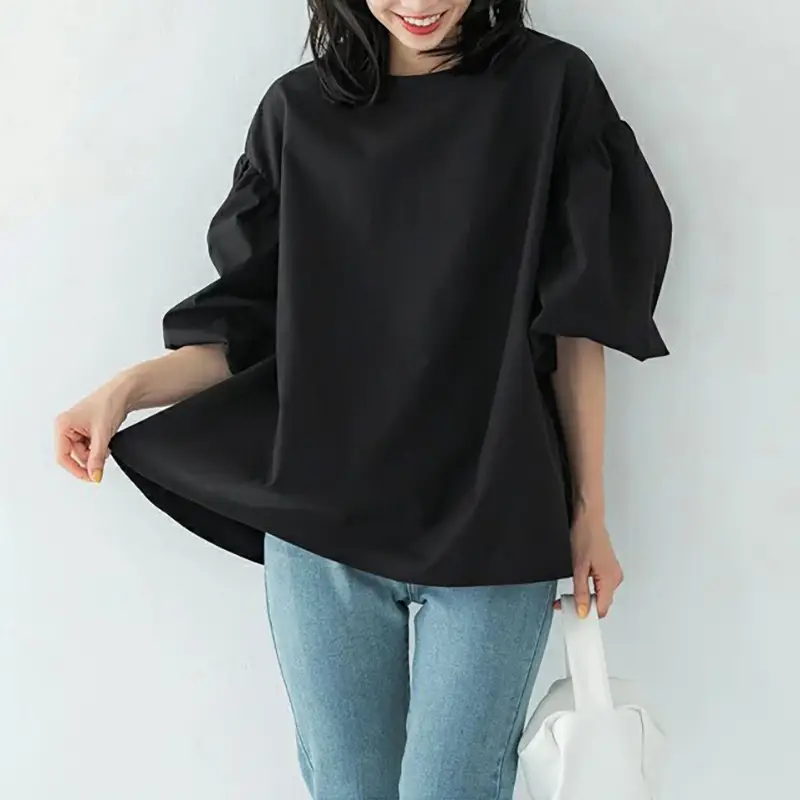 Lotte New Japanese Korean Summer Loose Large Women's Shirt Cotton Big Lantern Sleeve Round Neck Top Cross Border - Image 2