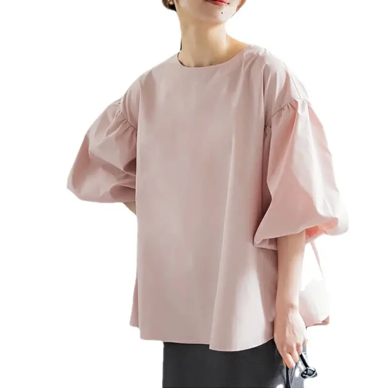 Lotte New Japanese Korean Summer Loose Large Women's Shirt Cotton Big Lantern Sleeve Round Neck Top Cross Border - Image 7