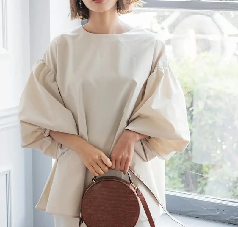 Lotte New Japanese Korean Summer Loose Large Women's Shirt Cotton Big Lantern Sleeve Round Neck Top Cross Border — feature 10