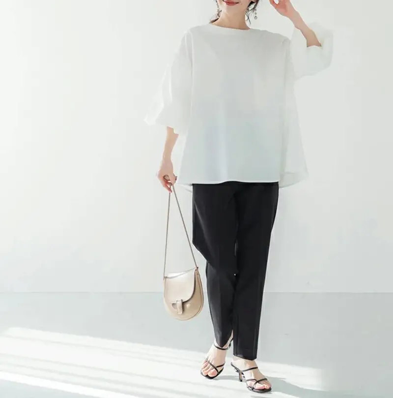 Lotte New Japanese Korean Summer Loose Large Women's Shirt Cotton Big Lantern Sleeve Round Neck Top Cross Border — feature 11