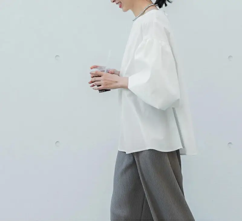 Lotte New Japanese Korean Summer Loose Large Women's Shirt Cotton Big Lantern Sleeve Round Neck Top Cross Border — feature 13