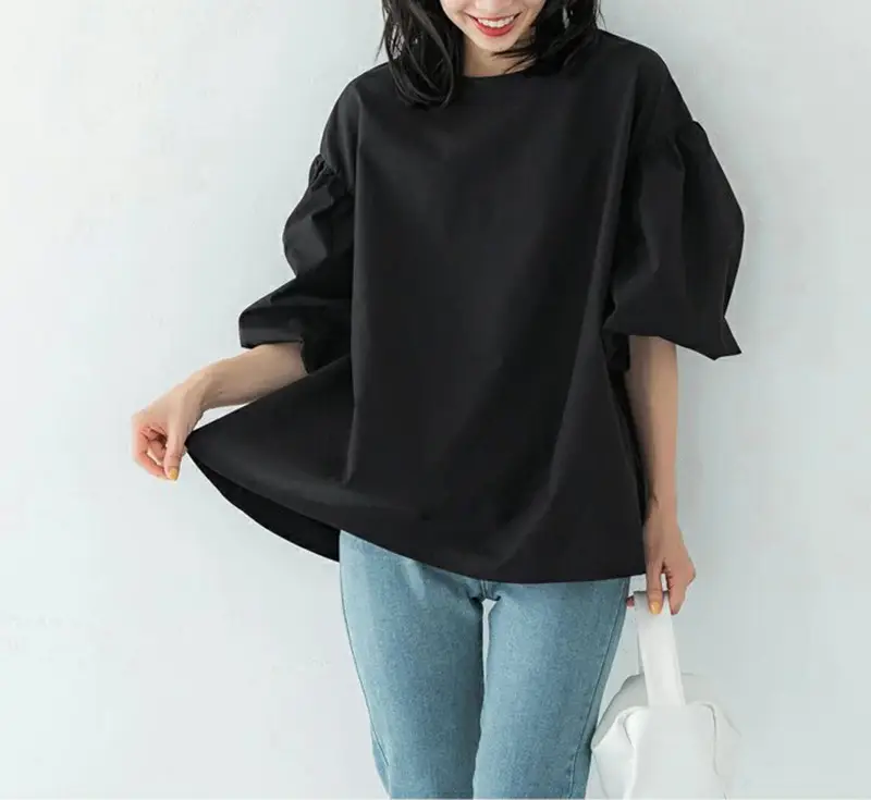 Lotte New Japanese Korean Summer Loose Large Women's Shirt Cotton Big Lantern Sleeve Round Neck Top Cross Border — feature 15