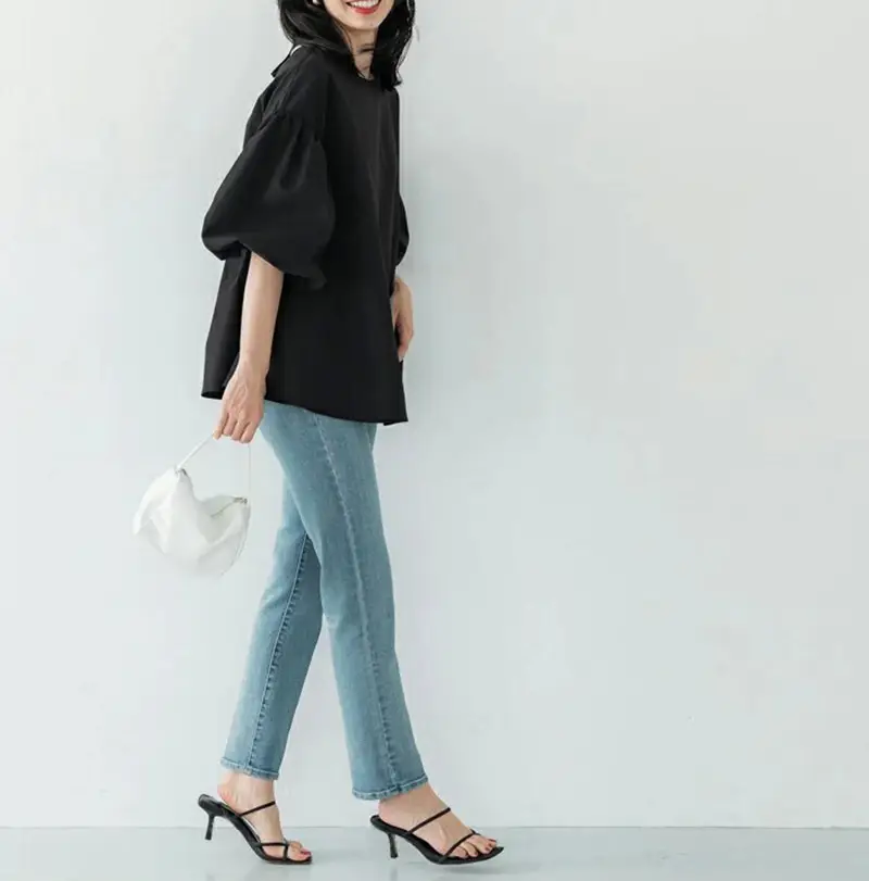 Lotte New Japanese Korean Summer Loose Large Women's Shirt Cotton Big Lantern Sleeve Round Neck Top Cross Border — feature 16