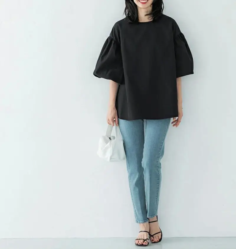 Lotte New Japanese Korean Summer Loose Large Women's Shirt Cotton Big Lantern Sleeve Round Neck Top Cross Border — feature 17