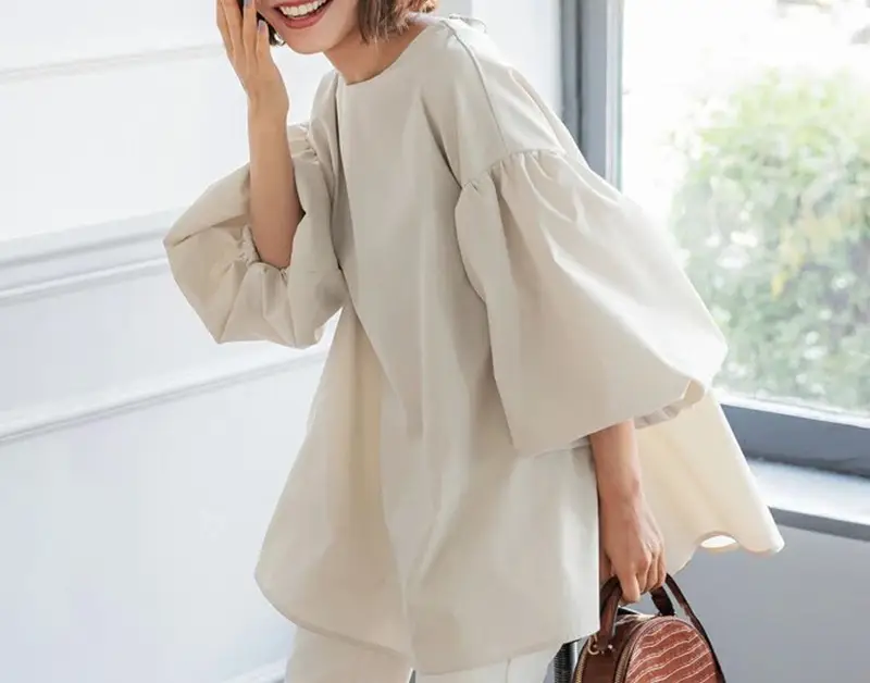 Lotte New Japanese Korean Summer Loose Large Women's Shirt Cotton Big Lantern Sleeve Round Neck Top Cross Border — feature 2