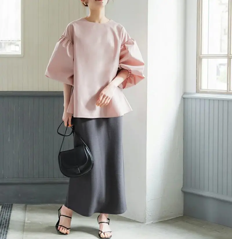 Lotte New Japanese Korean Summer Loose Large Women's Shirt Cotton Big Lantern Sleeve Round Neck Top Cross Border — feature 3