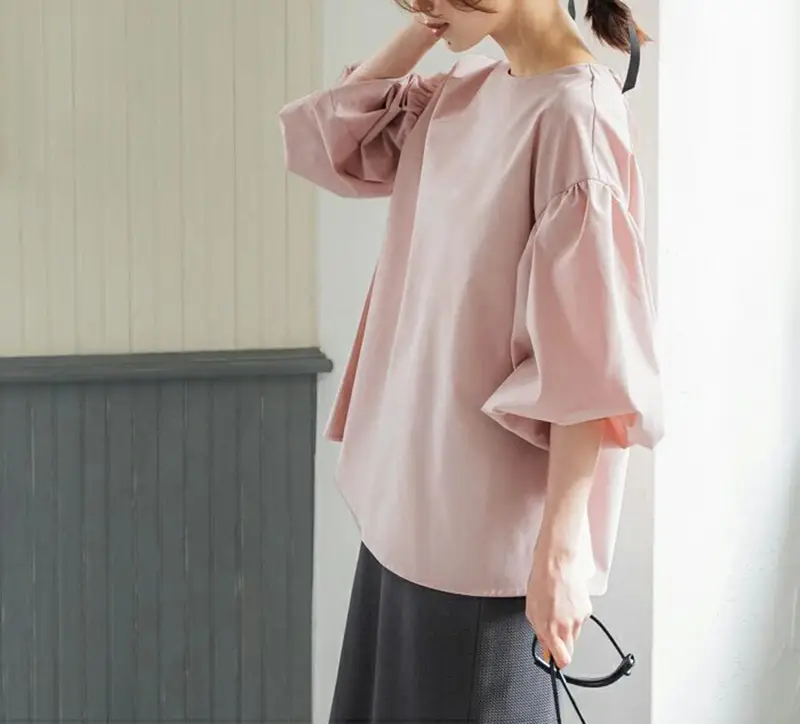 Lotte New Japanese Korean Summer Loose Large Women's Shirt Cotton Big Lantern Sleeve Round Neck Top Cross Border — feature 4