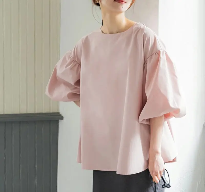 Lotte New Japanese Korean Summer Loose Large Women's Shirt Cotton Big Lantern Sleeve Round Neck Top Cross Border — feature 6