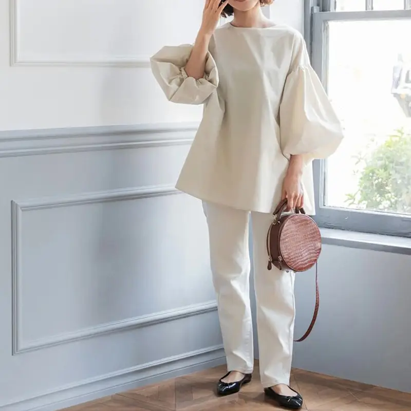 Lotte New Japanese Korean Summer Loose Large Women's Shirt Cotton Big Lantern Sleeve Round Neck Top Cross Border — feature 7