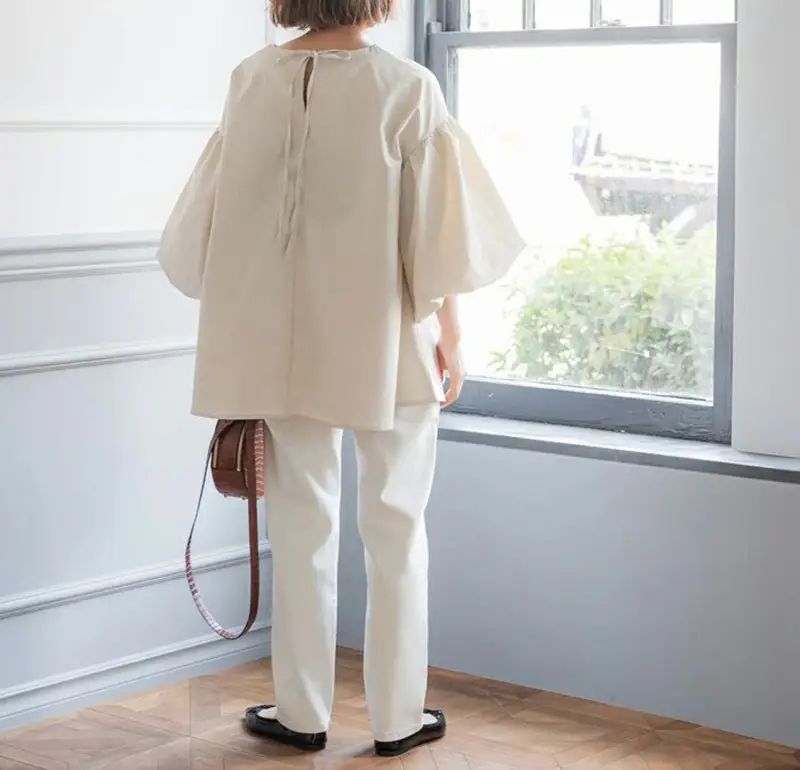 Lotte New Japanese Korean Summer Loose Large Women's Shirt Cotton Big Lantern Sleeve Round Neck Top Cross Border — feature 8