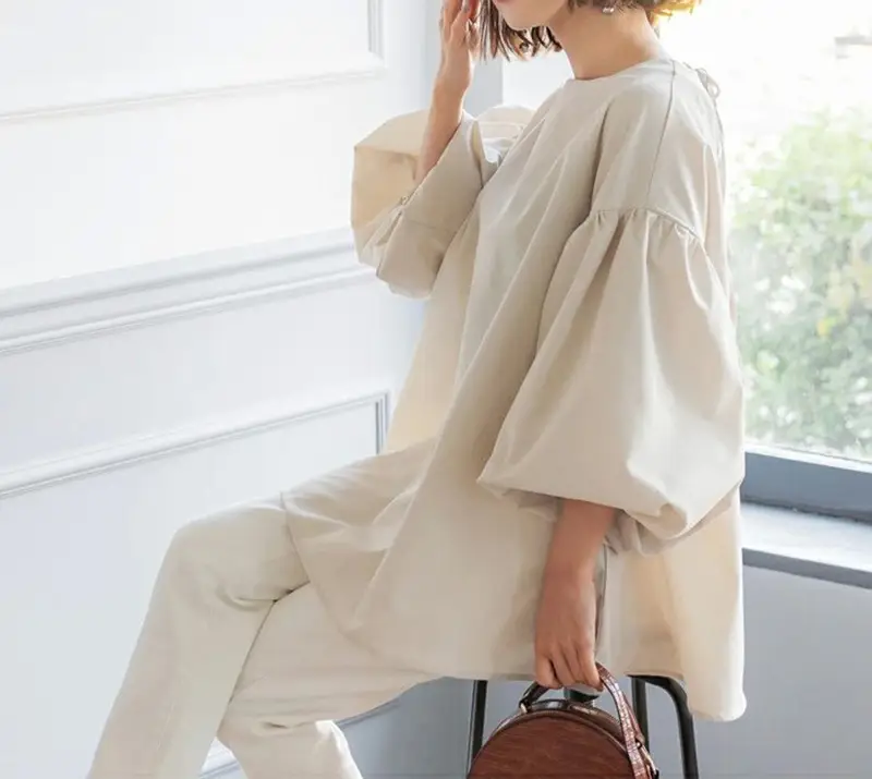 Lotte New Japanese Korean Summer Loose Large Women's Shirt Cotton Big Lantern Sleeve Round Neck Top Cross Border — feature 9