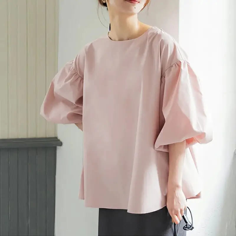 Lotte New Japanese Korean Summer Loose Large Women's Shirt Cotton Big Lantern Sleeve Round Neck Top Cross Border - Image 3