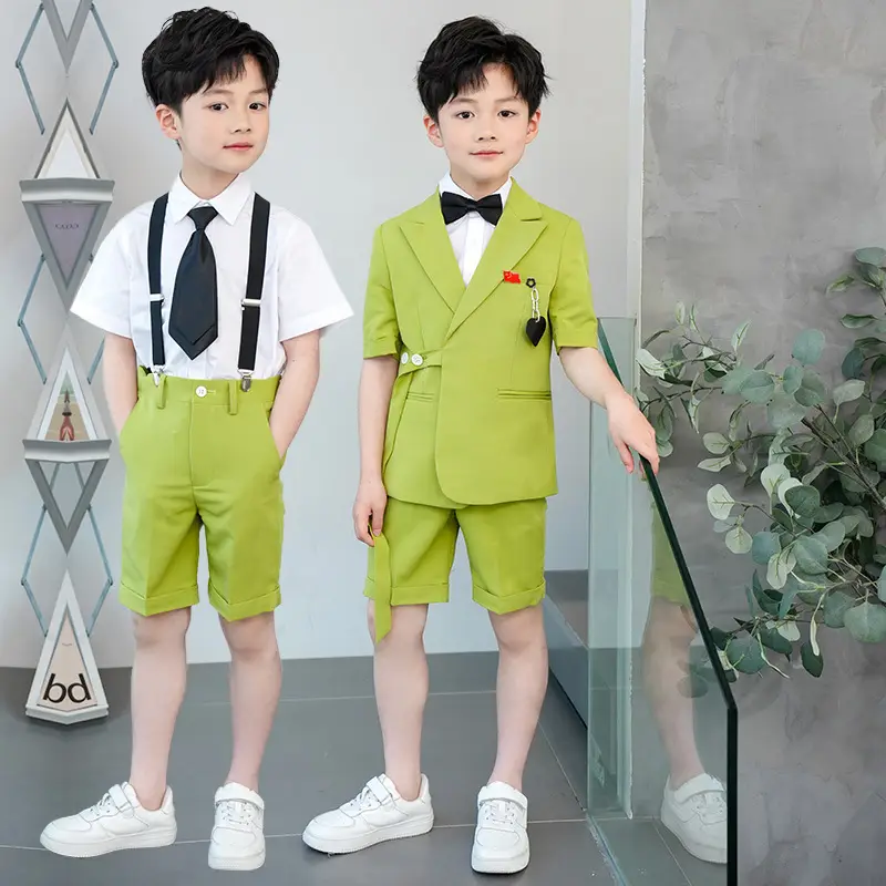 Kids Green Short Sleeve Suit with Overalls Set - Image 5
