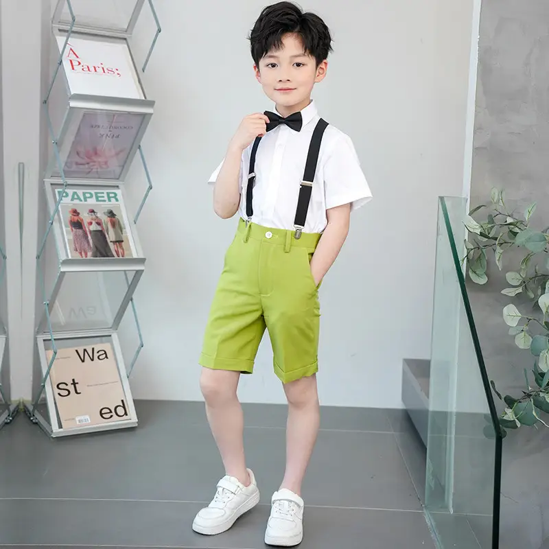 Kids Green Short Sleeve Suit with Overalls Set - Image 8