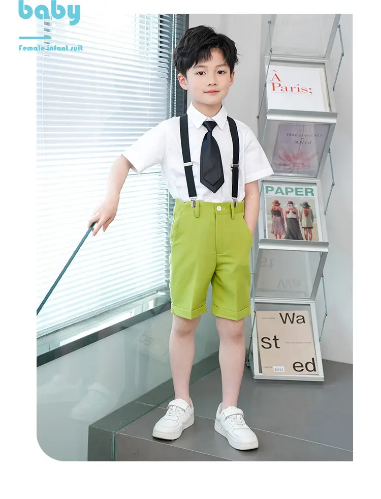 Kids Green Short Sleeve Suit with Overalls Set — feature 10