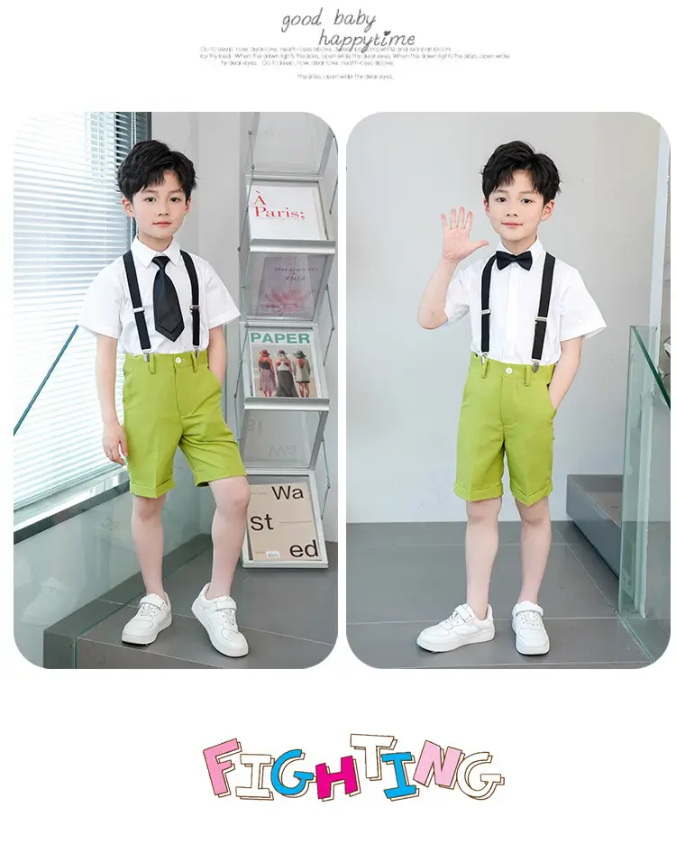 Kids Green Short Sleeve Suit with Overalls Set — feature 12