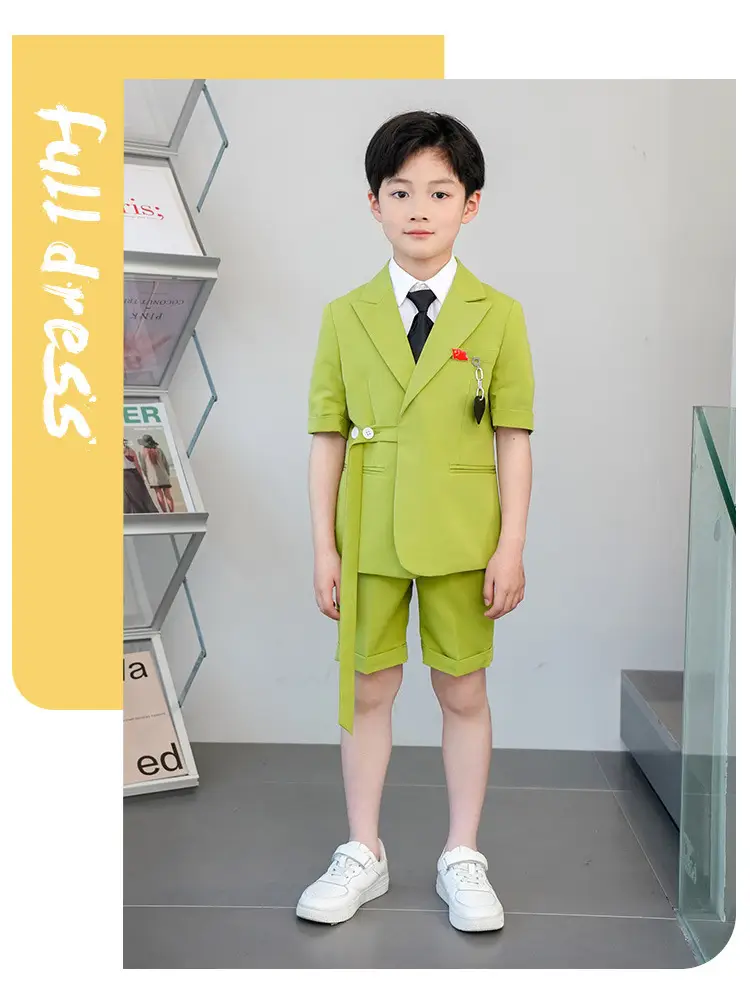 Kids Green Short Sleeve Suit with Overalls Set — feature 13