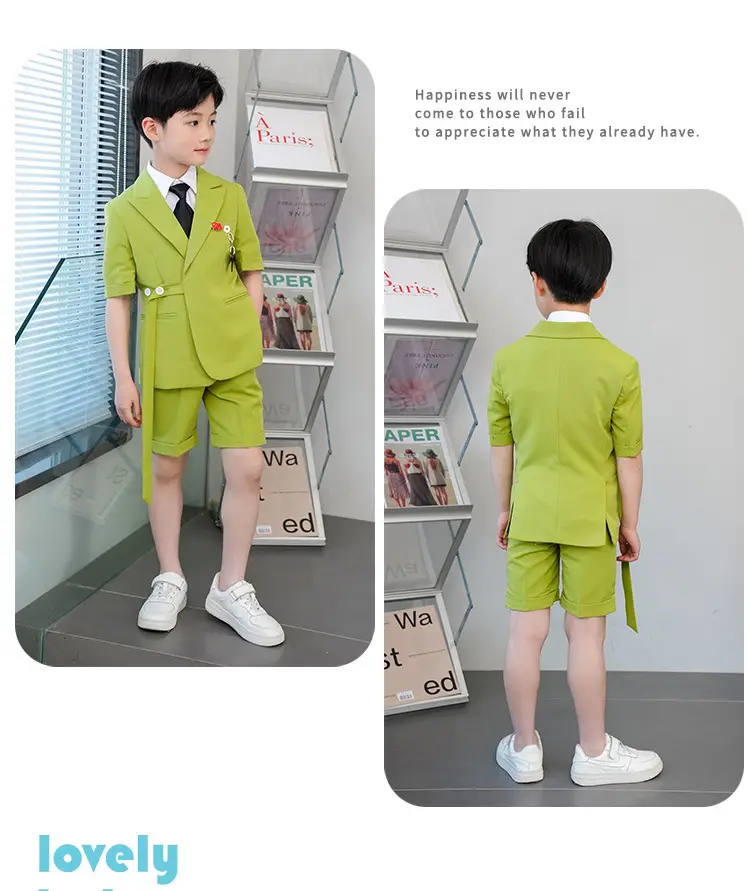 Kids Green Short Sleeve Suit with Overalls Set — feature 14
