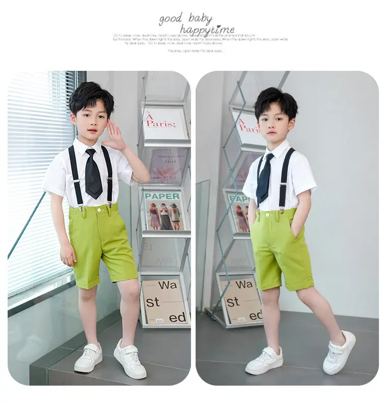 Kids Green Short Sleeve Suit with Overalls Set — feature 17