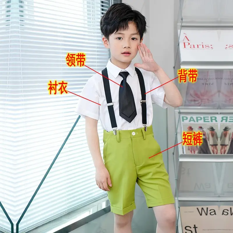 Kids Green Short Sleeve Suit with Overalls Set - Image 2