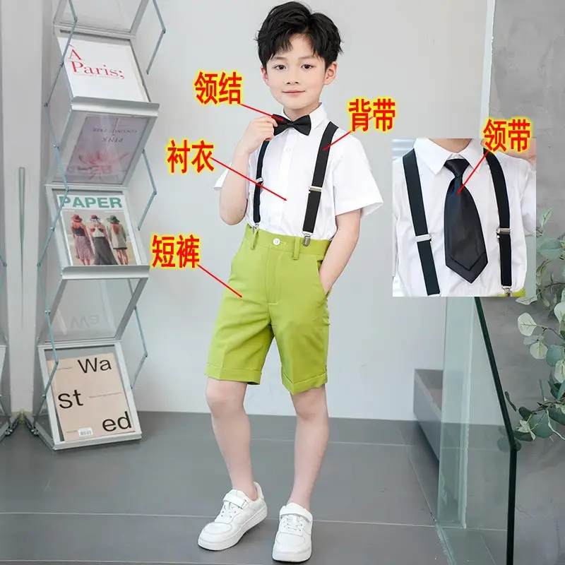 Kids Green Short Sleeve Suit with Overalls Set - Image 3