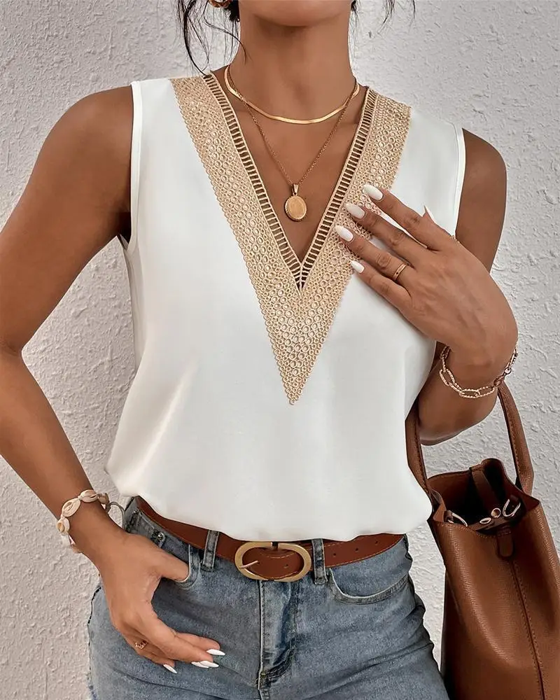 Women's V-Neck Lace Sleeveless Top Maroon - Image 2