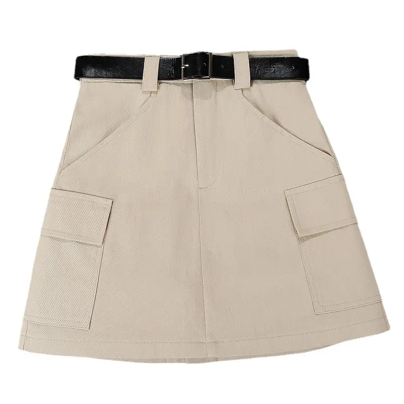Women's Tan Belt Work Skirt High Waist Slim Fit