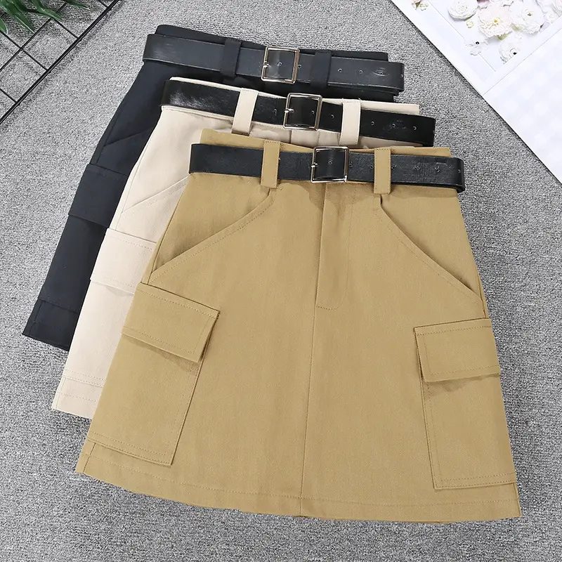 Women's Tan Belt Work Skirt High Waist Slim Fit — feature 1
