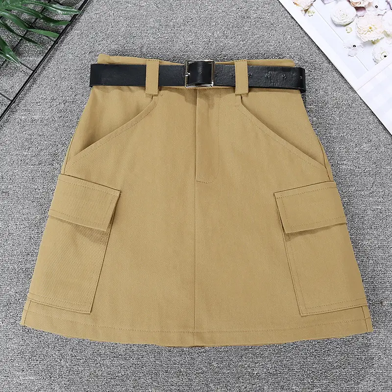 Women's Tan Belt Work Skirt High Waist Slim Fit — feature 13