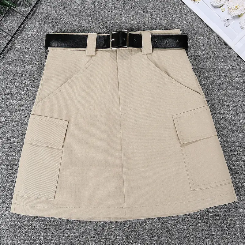 Women's Tan Belt Work Skirt High Waist Slim Fit — feature 5