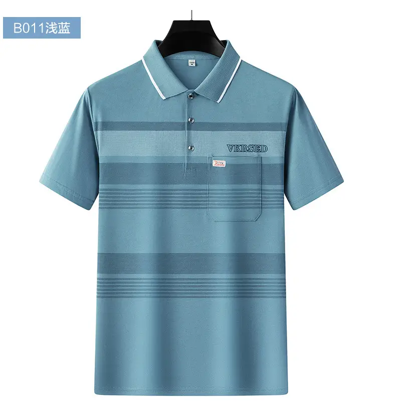 Men's Printed Polo Shirt Light Green Striped Short Sleeve — feature 15