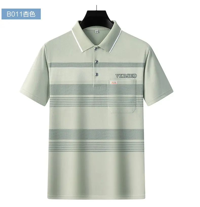 Men's Printed Polo Shirt Light Green Striped Short Sleeve — feature 16