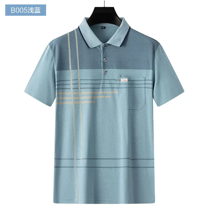 Men's Printed Polo Shirt Light Green Striped Short Sleeve — feature 21