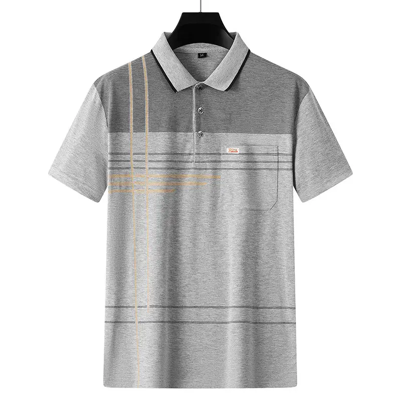 Men's Printed Polo Shirt Light Green Striped Short Sleeve - Image 11
