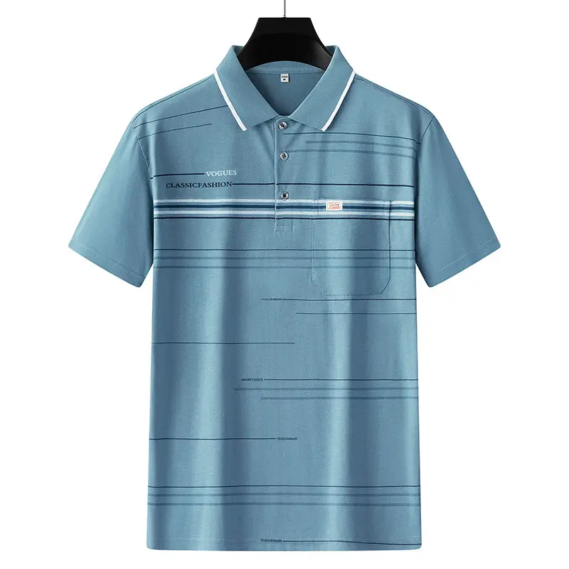Men's Printed Polo Shirt Light Green Striped Short Sleeve - Image 3