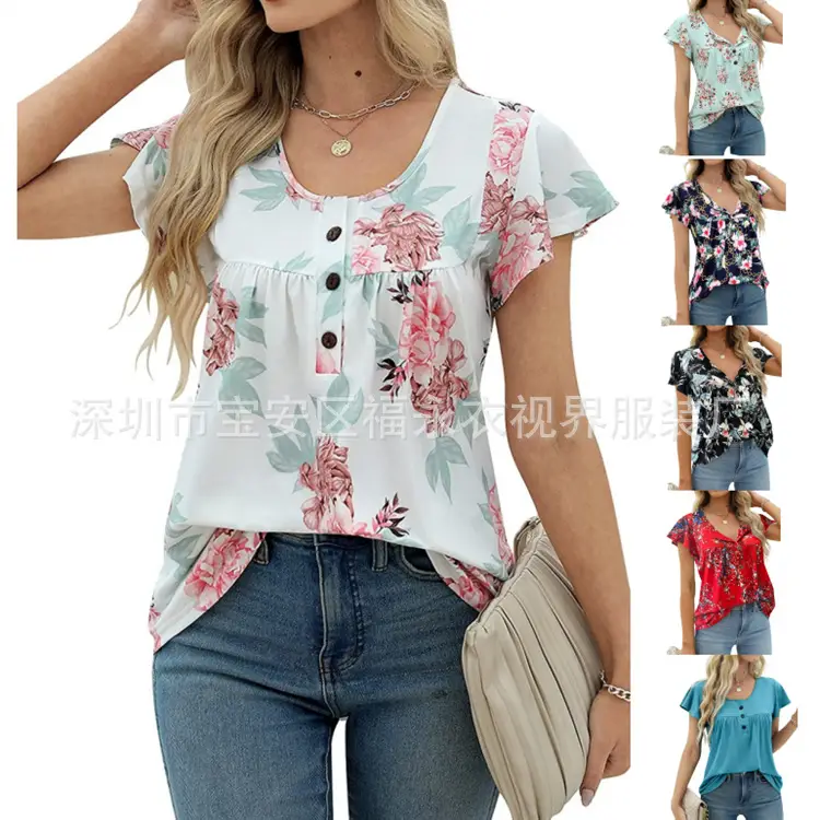 Women Floral Pleated Top Summer Casual Slim Fit - Image 8