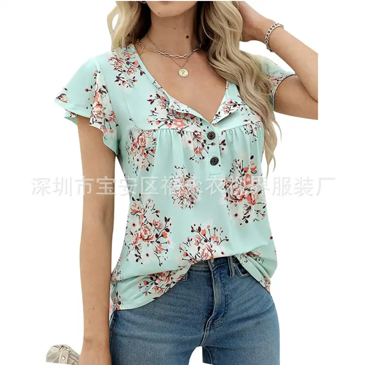 Women Floral Pleated Top Summer Casual Slim Fit - Image 9