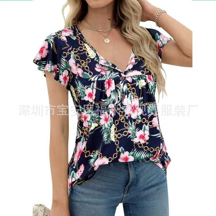 Women Floral Pleated Top Summer Casual Slim Fit - Image 10