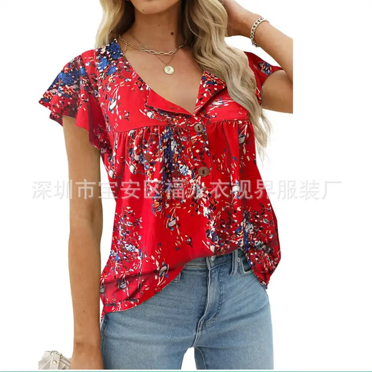 Women Floral Pleated Top Summer Casual Slim Fit - Image 12