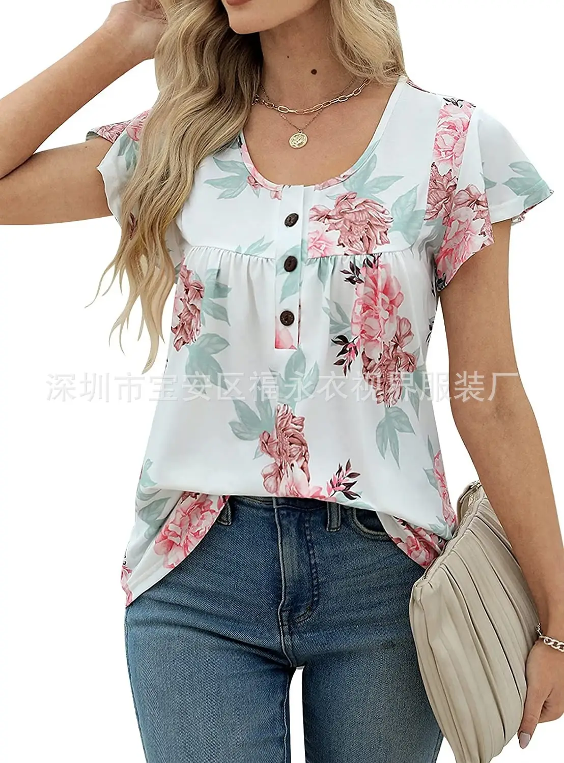 Women Floral Pleated Top Summer Casual Slim Fit — feature 11