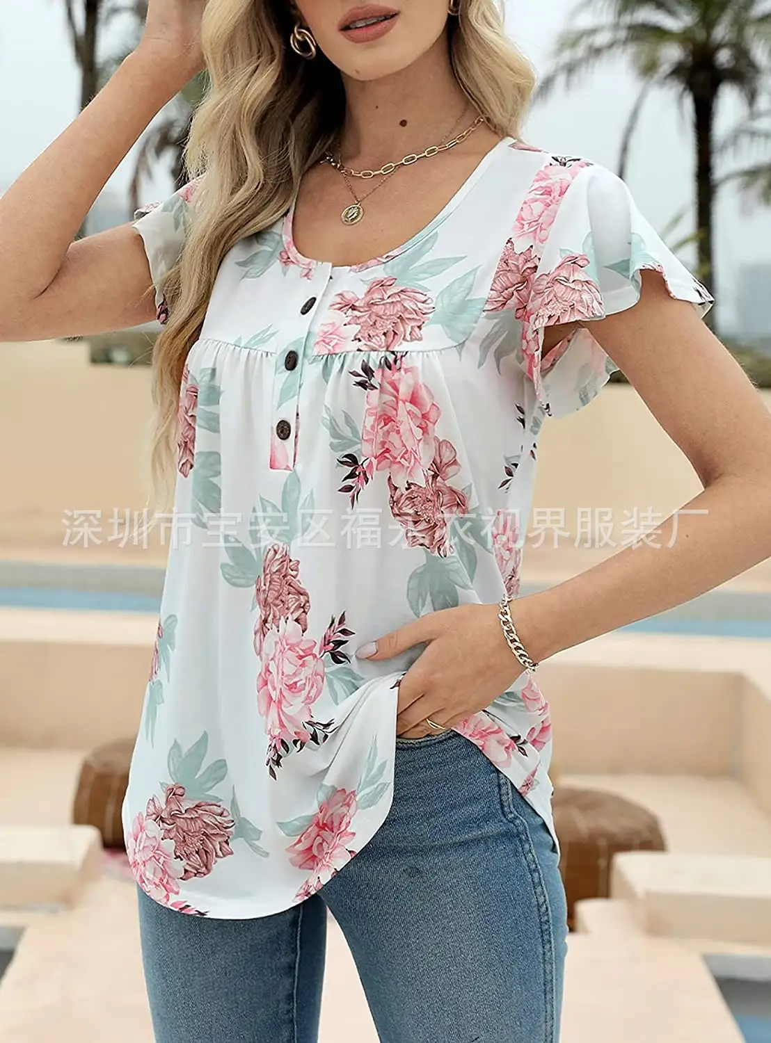 Women Floral Pleated Top Summer Casual Slim Fit — feature 14