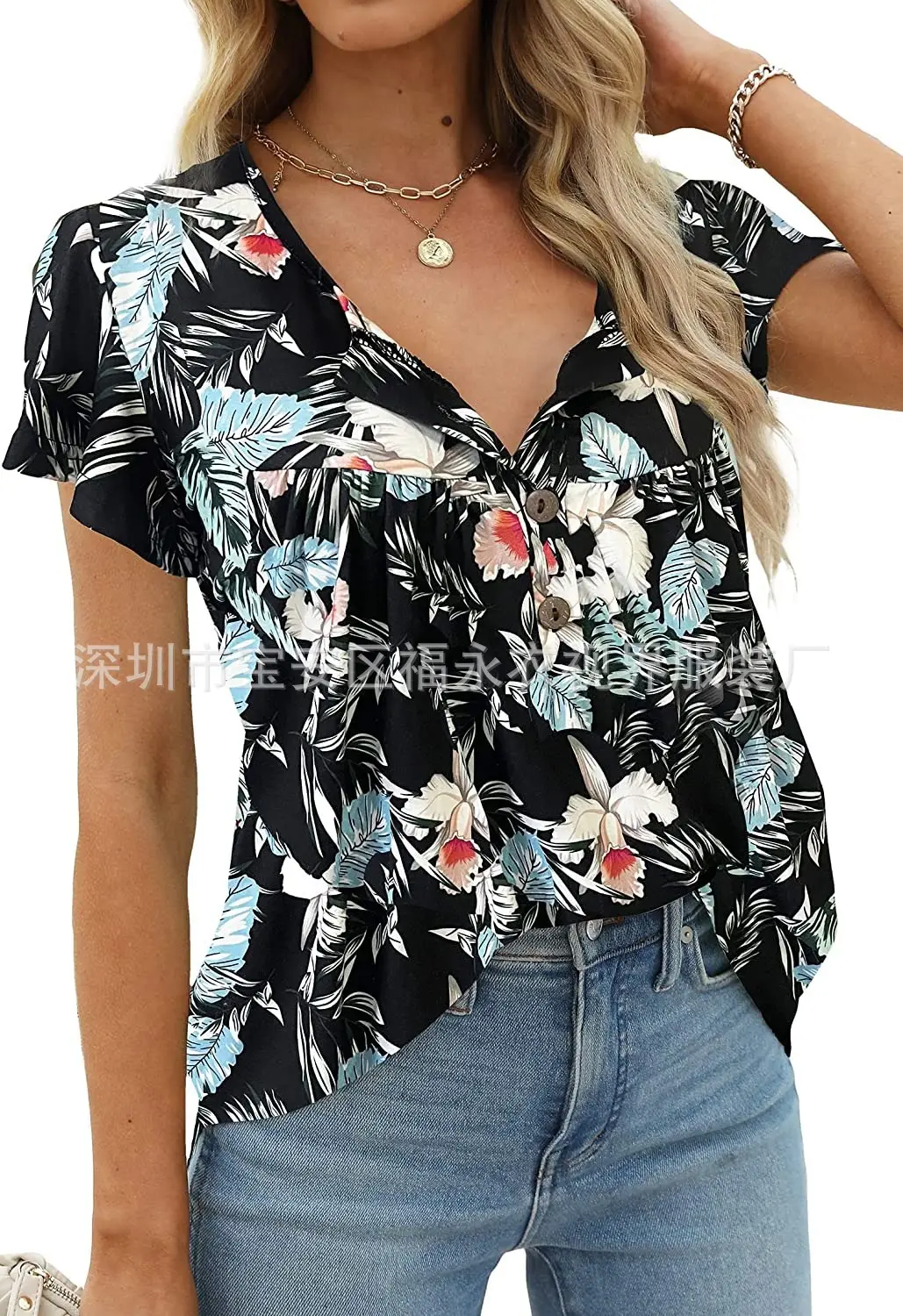 Women Floral Pleated Top Summer Casual Slim Fit — feature 15