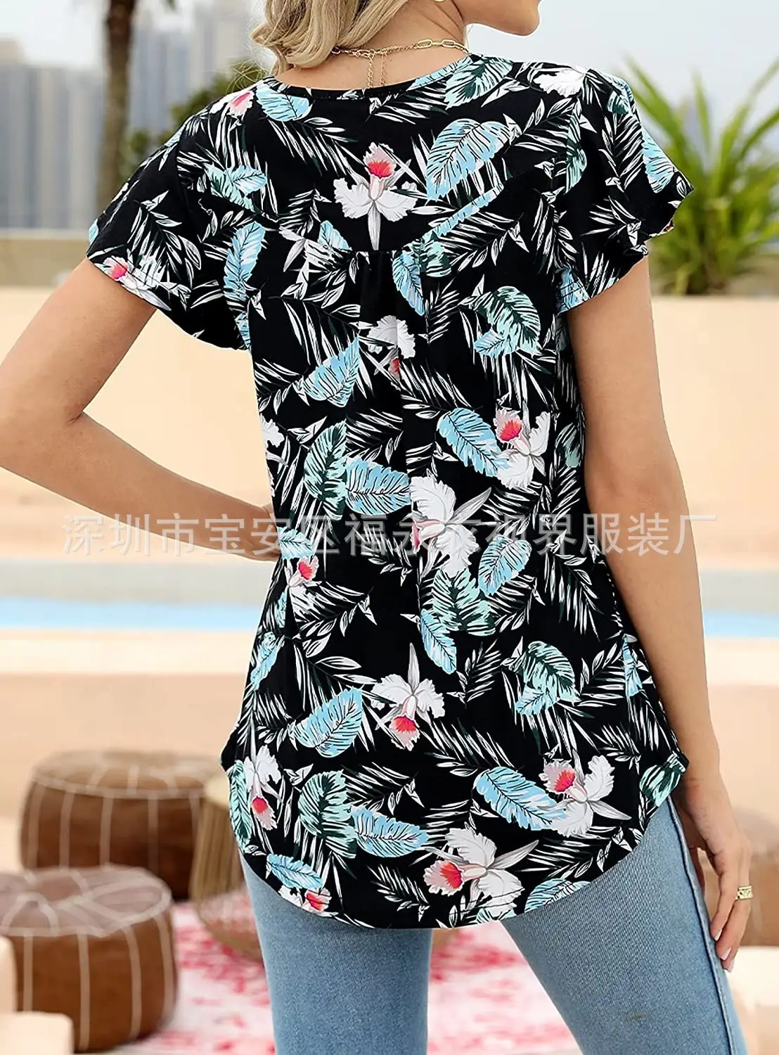 Women Floral Pleated Top Summer Casual Slim Fit — feature 17