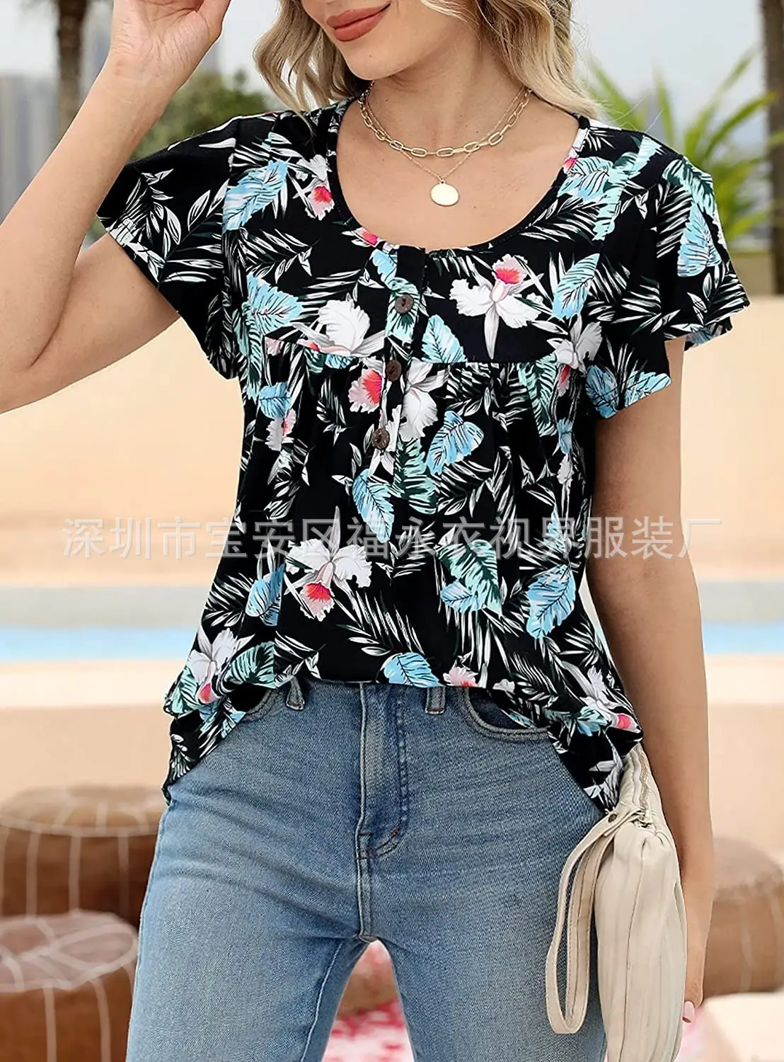 Women Floral Pleated Top Summer Casual Slim Fit — feature 18