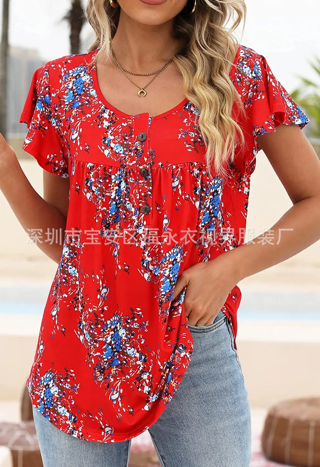 Women Floral Pleated Top Summer Casual Slim Fit — feature 21