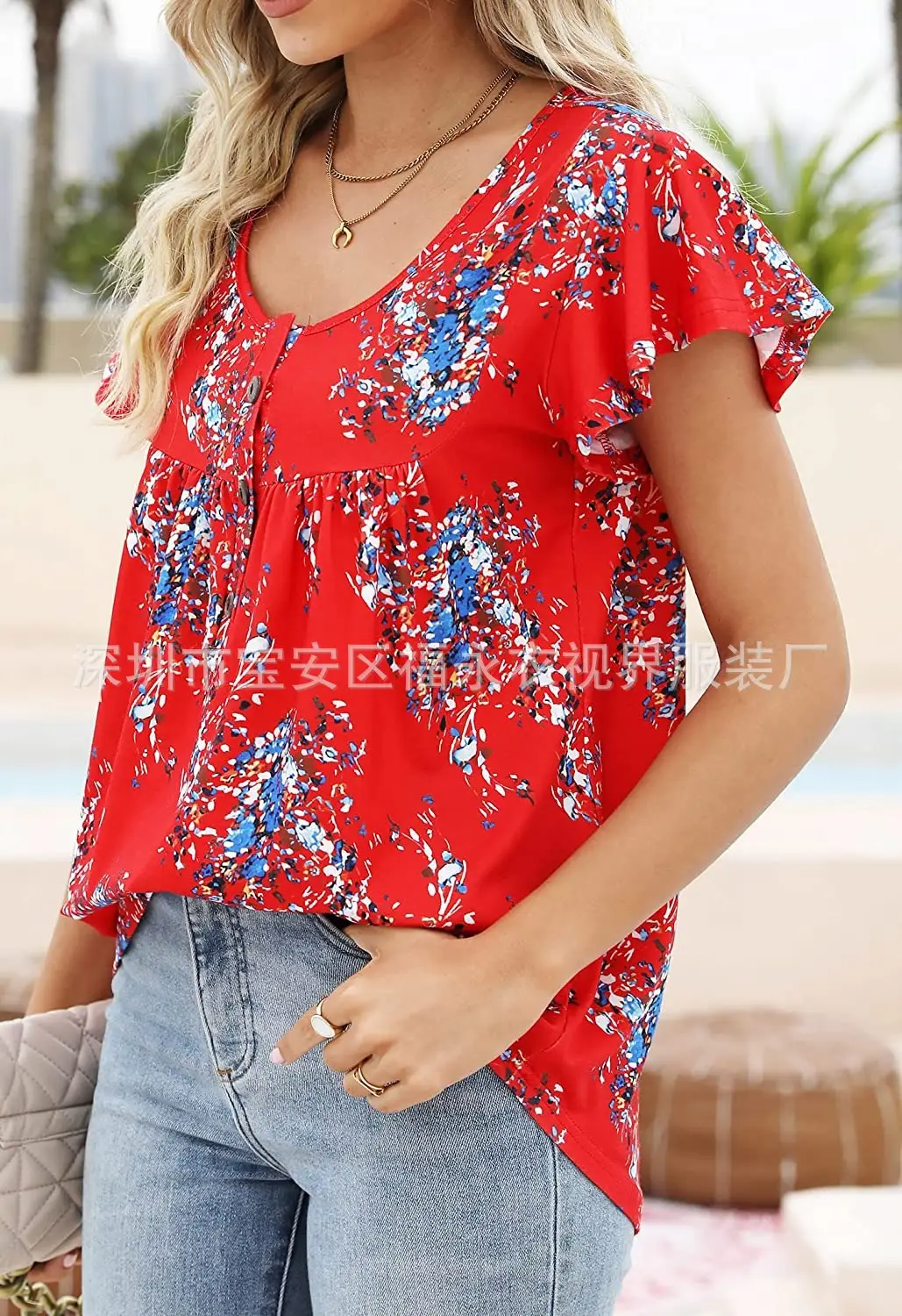 Women Floral Pleated Top Summer Casual Slim Fit — feature 23