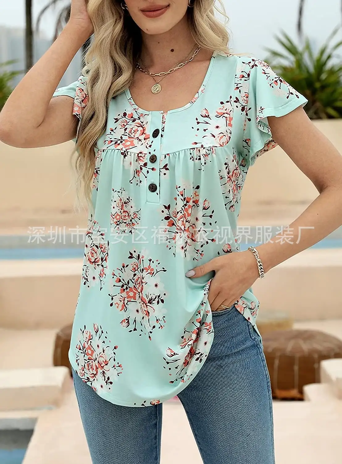 Women Floral Pleated Top Summer Casual Slim Fit — feature 3
