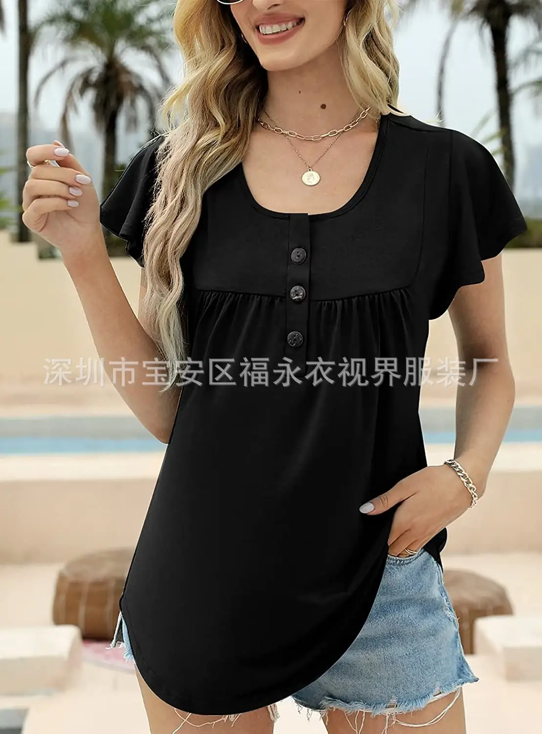 Women Floral Pleated Top Summer Casual Slim Fit — feature 34
