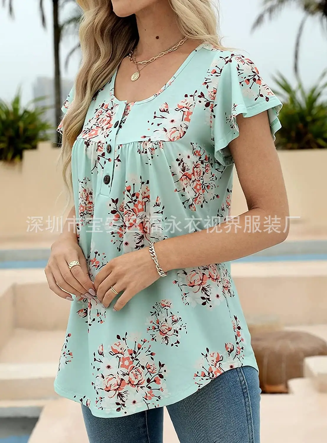 Women Floral Pleated Top Summer Casual Slim Fit — feature 6