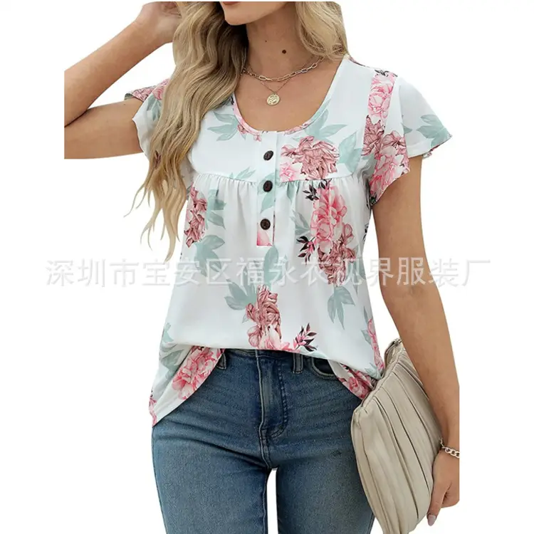 Women Floral Pleated Top Summer Casual Slim Fit - Image 3